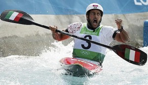 Italy's Daniele Molmenti reacts after his men's kayak (K1) finals run at Lee Valley White Water Centre during the London 2012 Olympic Games reacts after his men's kayak (K1) finals run at Lee Valley White Water Centre during the London 2012 Olympic Games